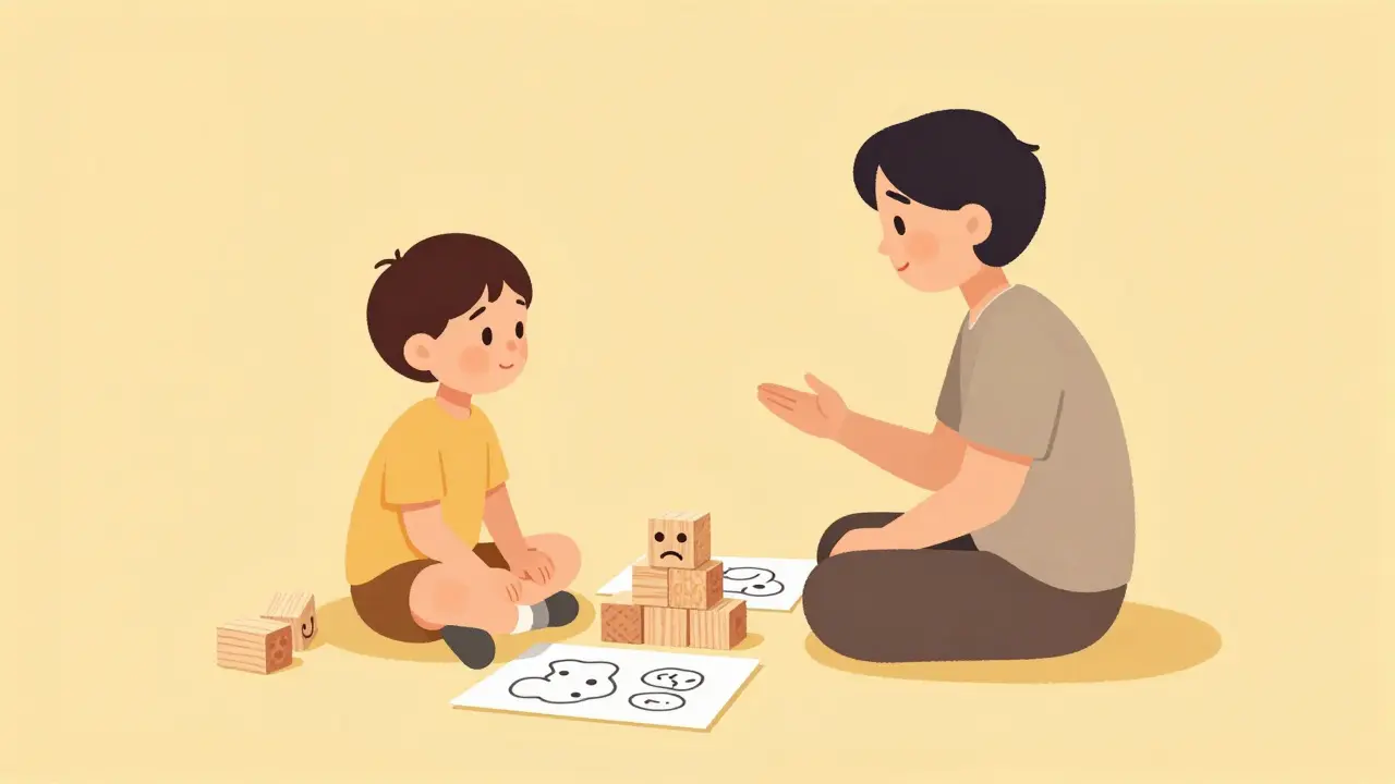 Terapeut a dítě hrají s kresbami a dřevěnými kostkami v klidném prostředí.