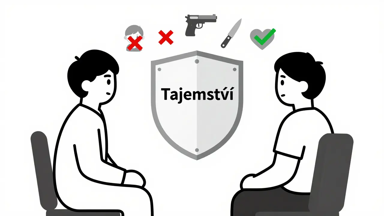 Terapeut a klient mezi sebou mají štít tajemství s výjimkami zákona.