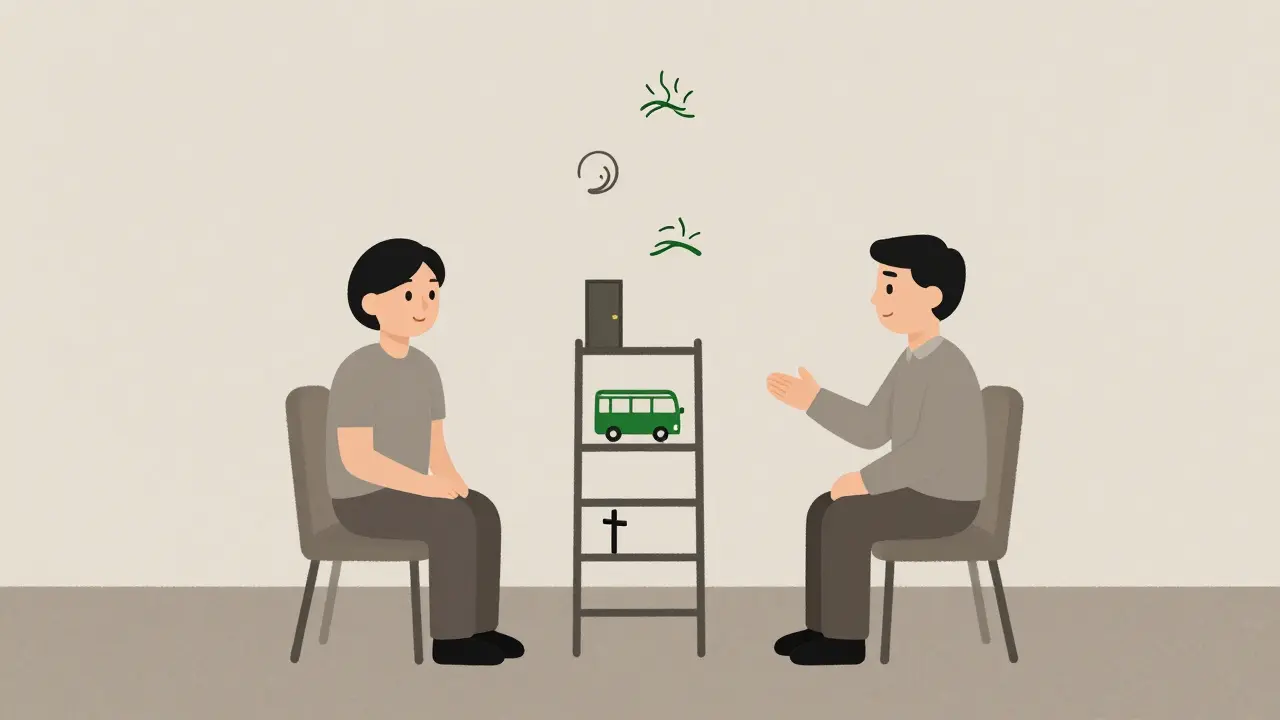 Terapeut a klient sedí spolu, vedle nich stupně expozice v terapii.