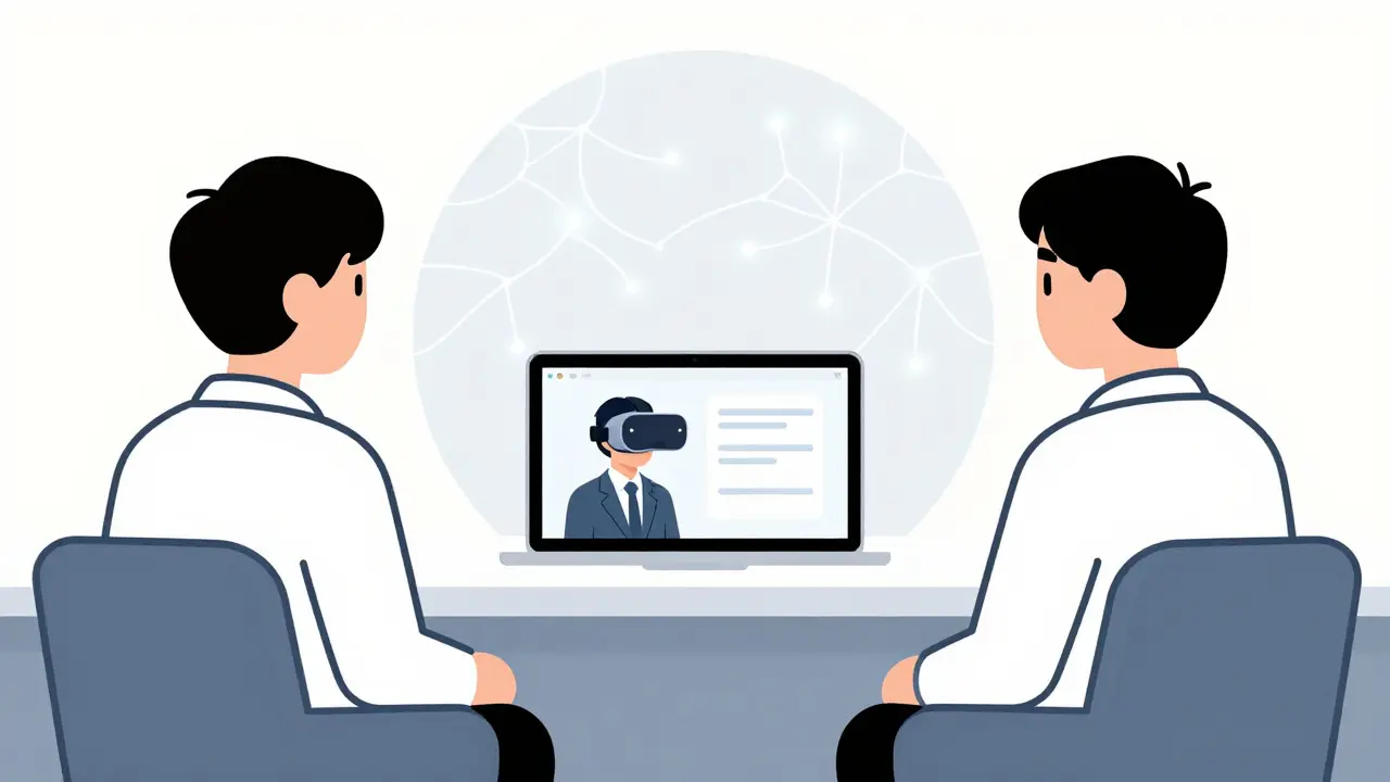 Terapeut a klient společně sledují virtuální scénu klidného rozhovoru.