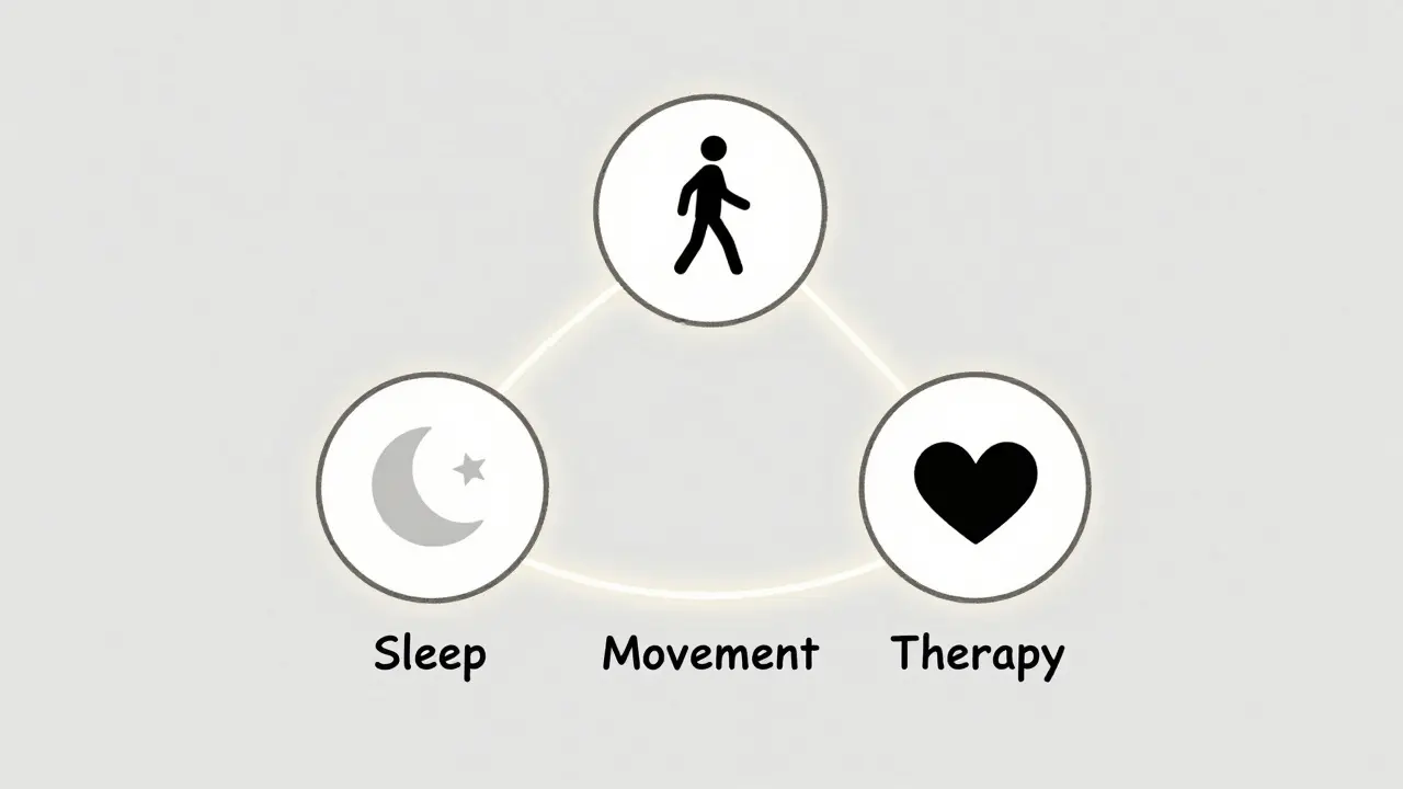 Tři vzájemně propojené prvky: spánek, pohyb a terapie ve stabilním trojúhelníku.