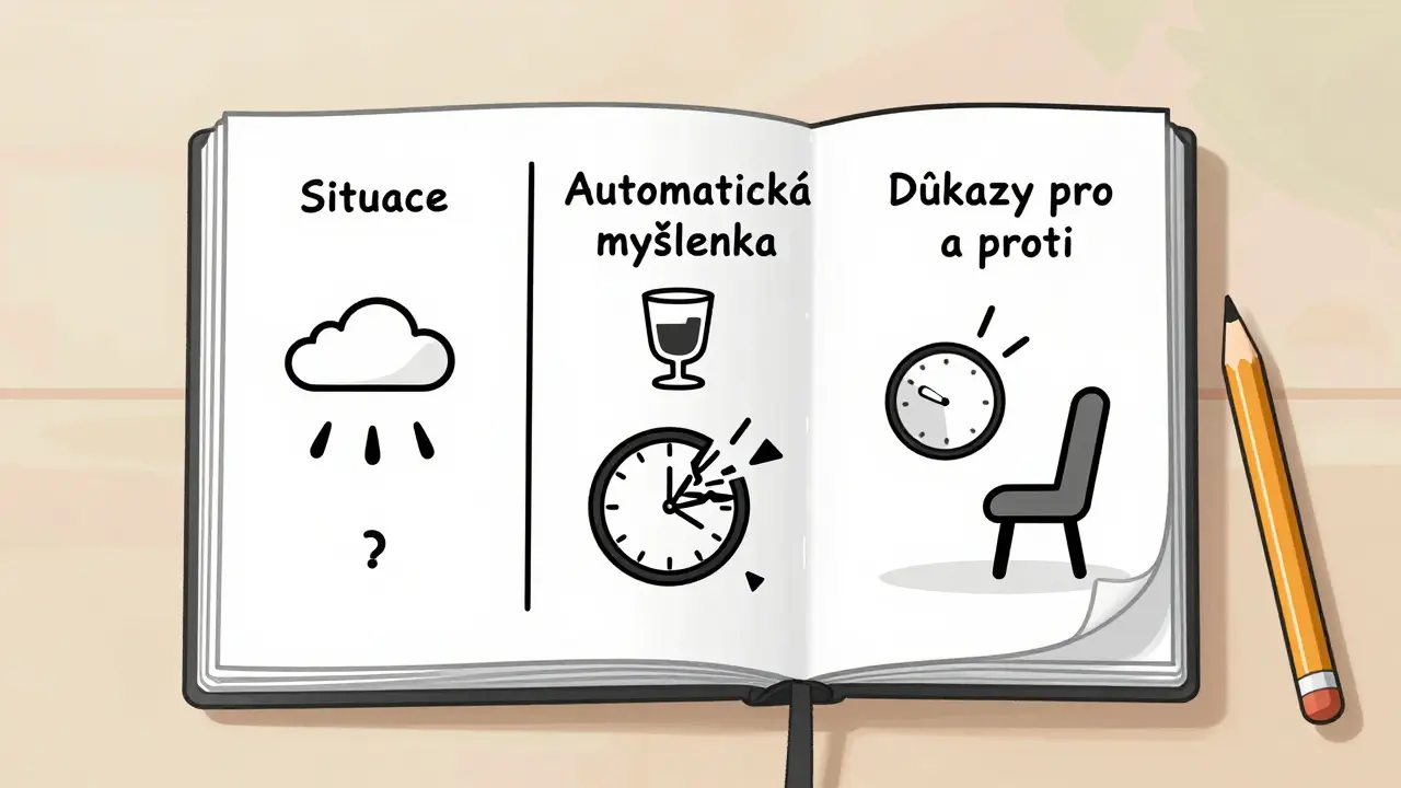 Třísloupcový deník s příklady kognitivních omylů a důkazů proti nim.