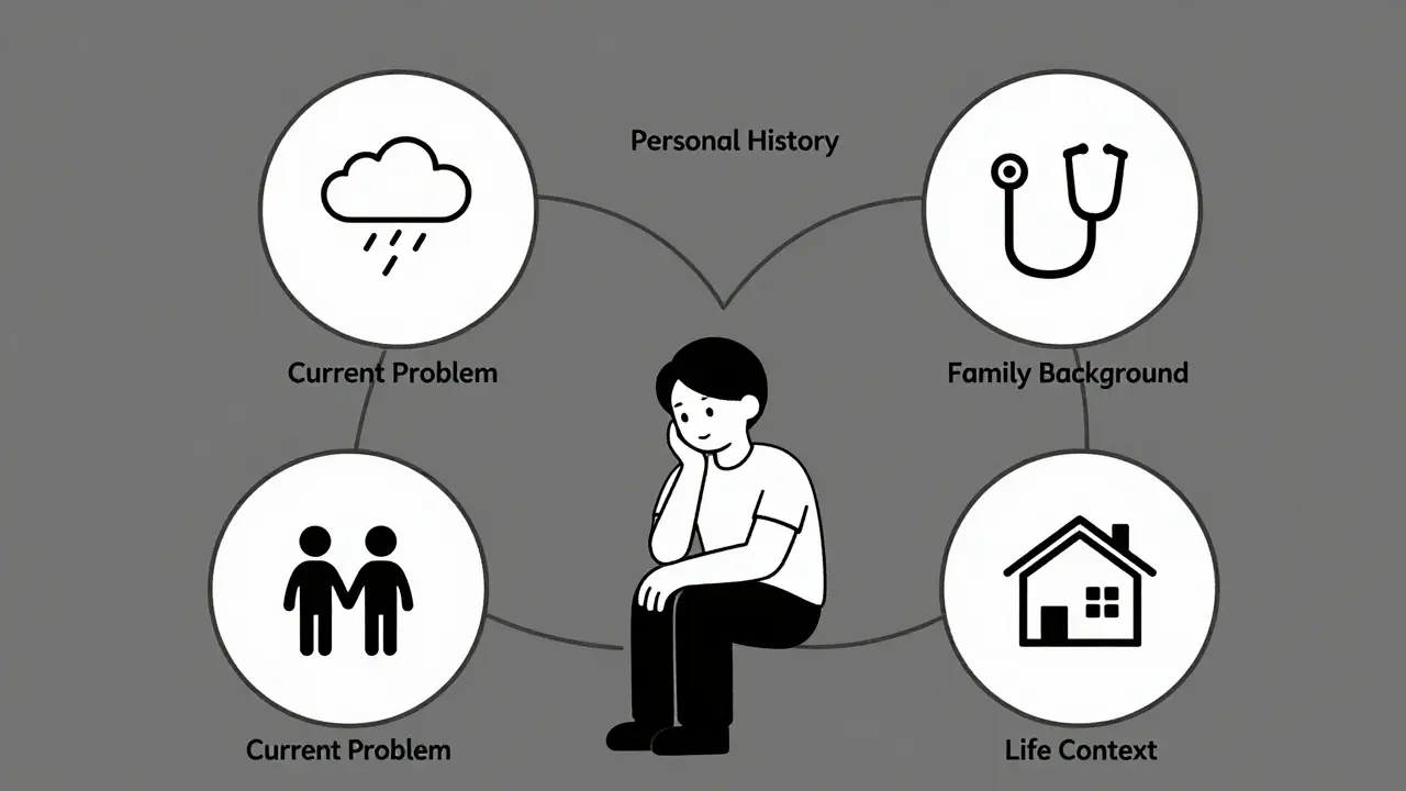 Čtyři kruhy představují klíčové oblasti úvodní anamnézy v psychoterapii: problém, zdraví, rodina a životní kontext.