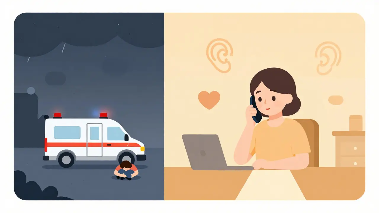 Dvě scény: tísňová pomoc vs. klidná psychologická podpora na telefonu.