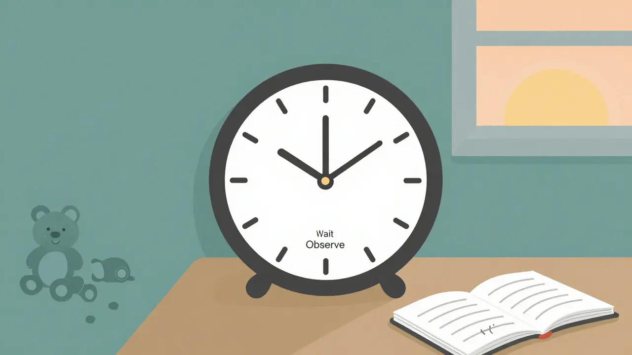 Hodiny s třemi fázemi diagnostiky a dětský pokoj s náznaky pozorování.