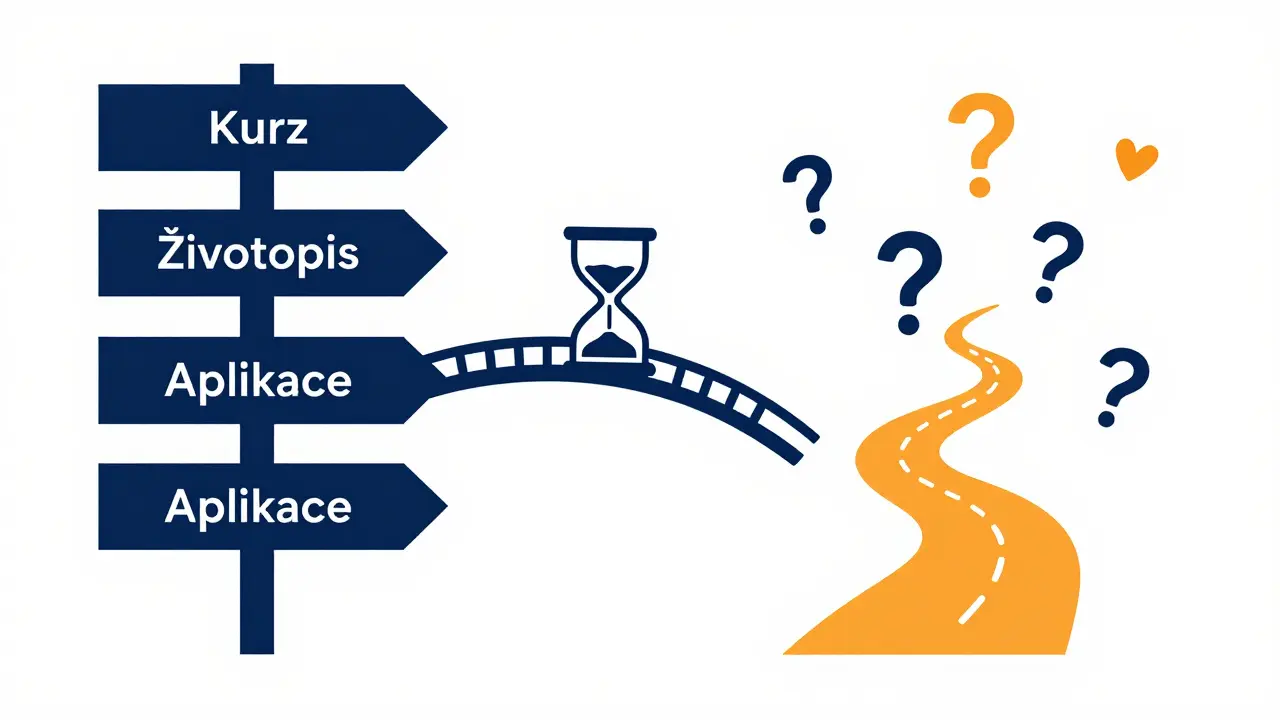 Hybridní cesta: strukturovaný směr vlevo, sebepoznání vpravo, spojené mostem.