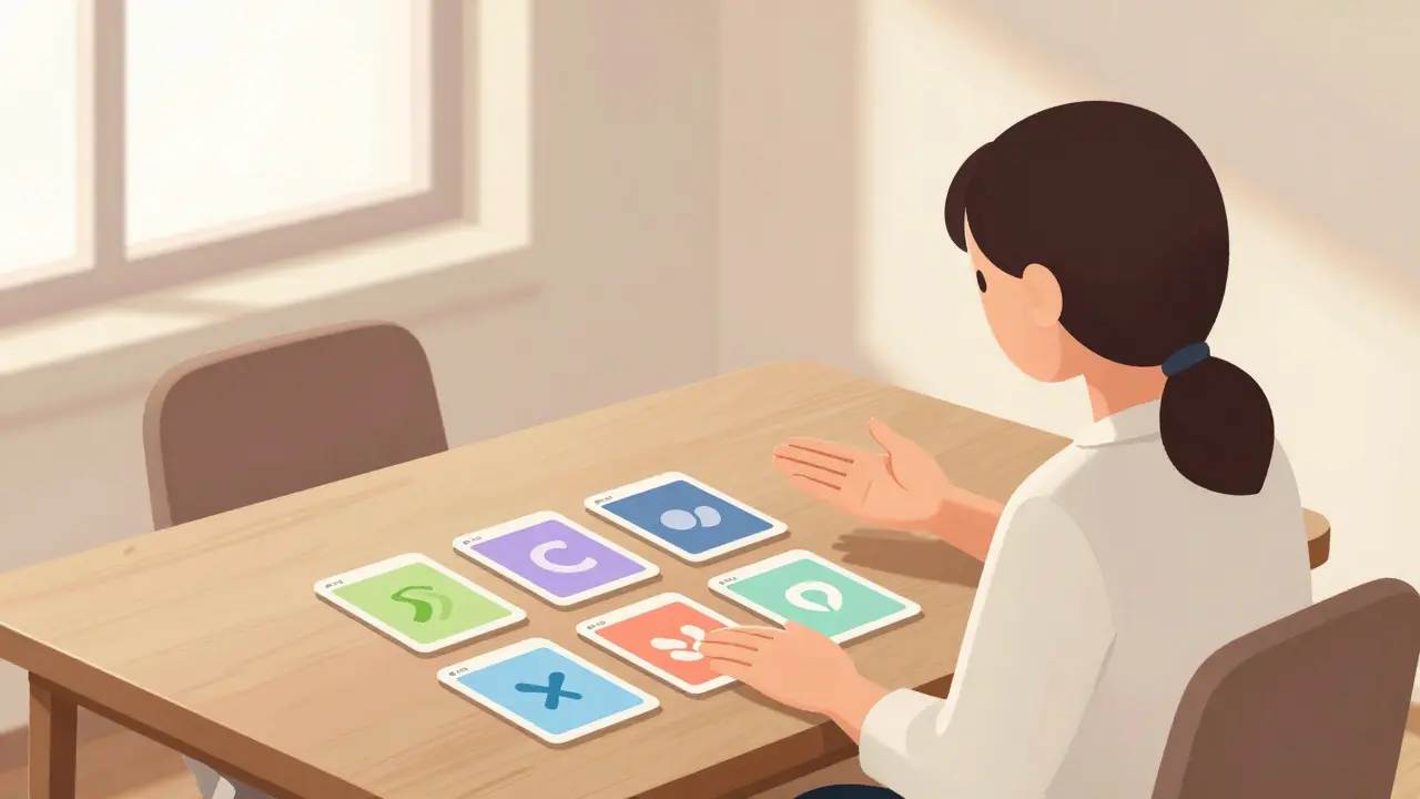 Klient a poradce sedí u stolu s pěti barevnými kartami, klidná atmosféra bez slov.