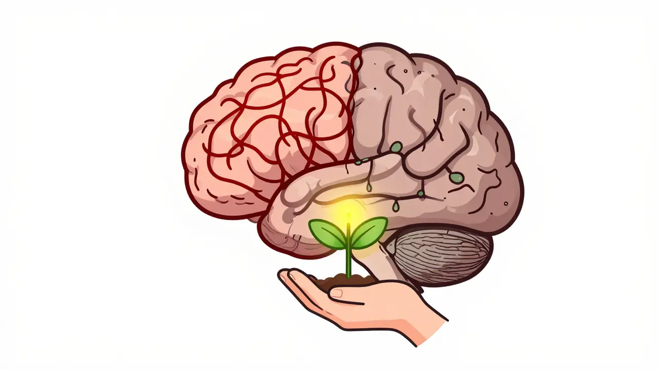 Lidský mozek rozdělený na úzkost a apatie, s malou zelenou výhonkem mezi nimi.