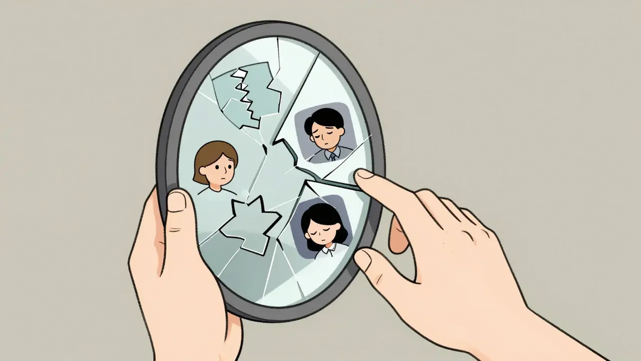 Osoba drží rozbité zrcadlo, jehož fragmenty ukazují životní výzvy.