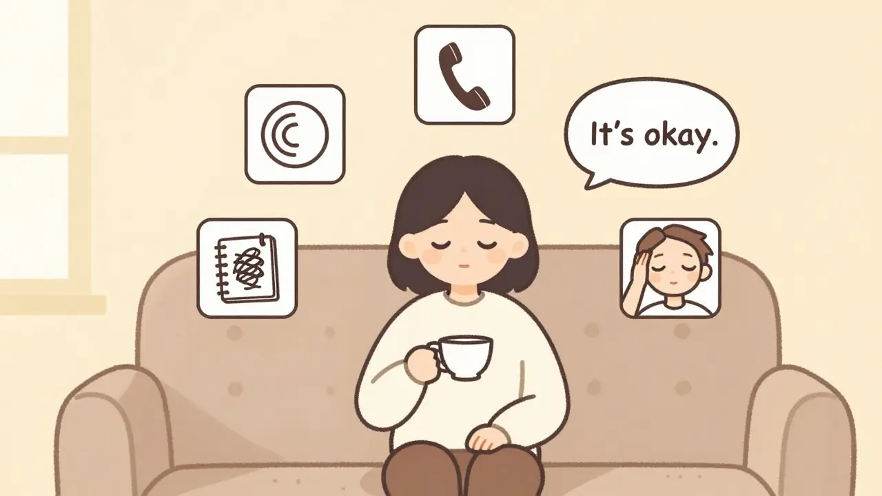 Osoba na křesle s pěti malými ikonami ukazujícími kroky k zlepšení duševního zdraví.