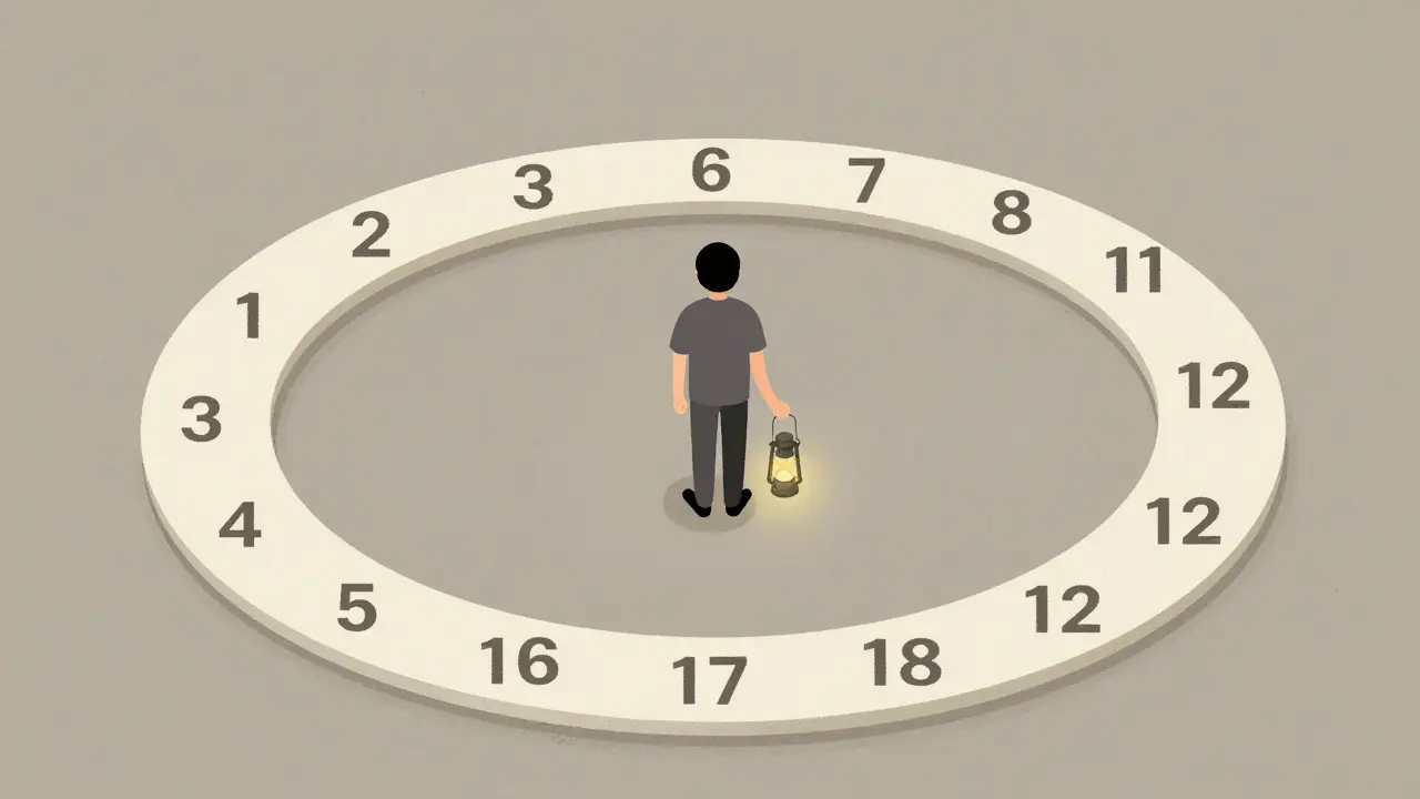 Osoba stojí na cestě s 12 kroky, na 8. kroku drží svíčku, která září.