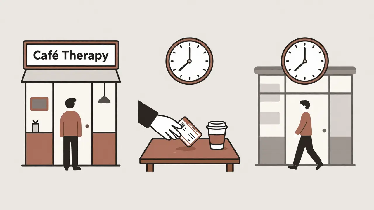 Podpora při návratu do práce: kupon na MHD, káva a klíčový přechod do zaměstnání v minimalistickém stylu.