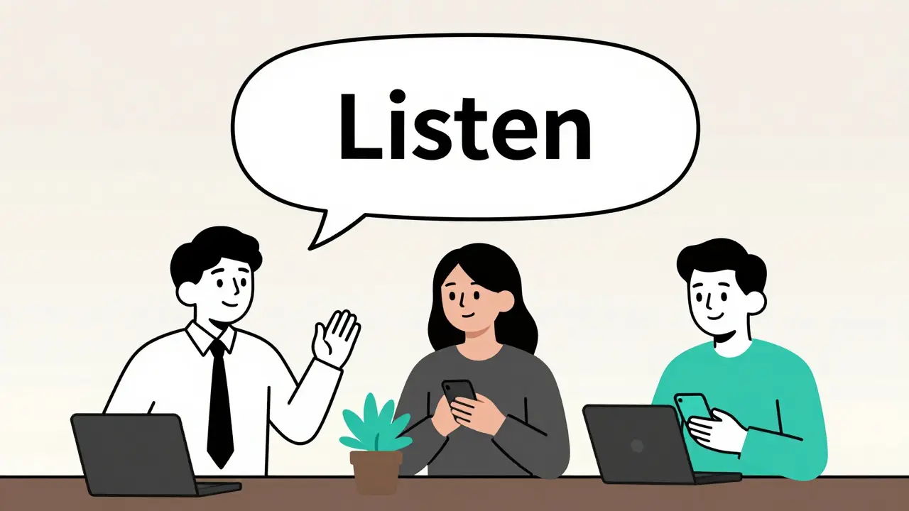 Pracovníci v kanceláři, kteří komunikují a podporují duševní zdraví bez slov.