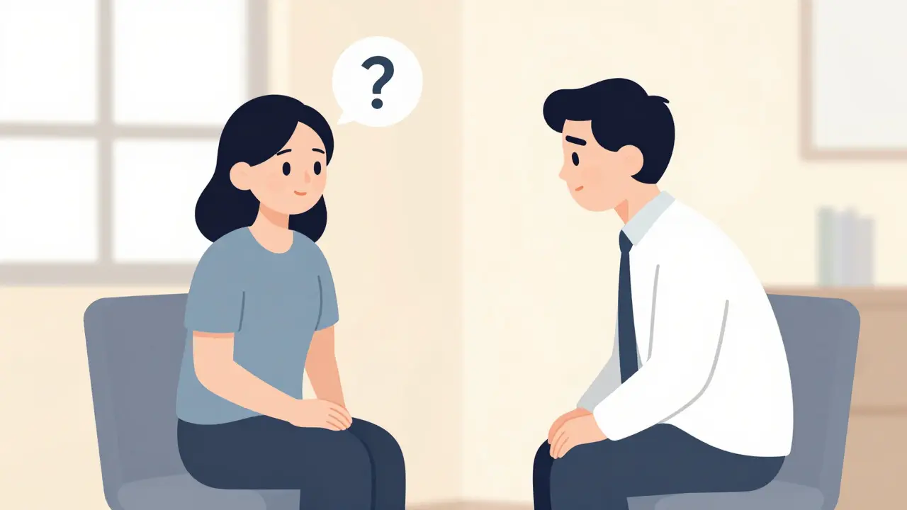 První schůzka s terapeutem, klient s otazníkem a terapeut naslouchá