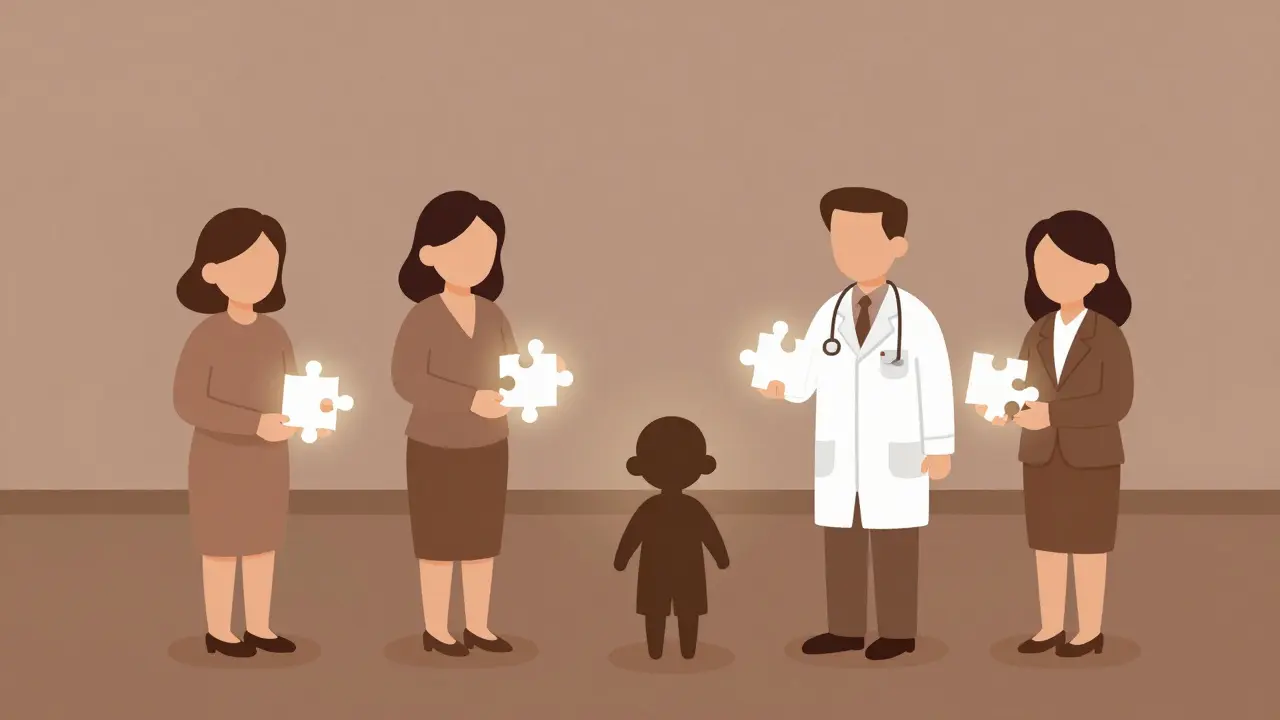 Rodiče, učitel, lékař a sociální pracovník společně skládají puzzle o dítěti.