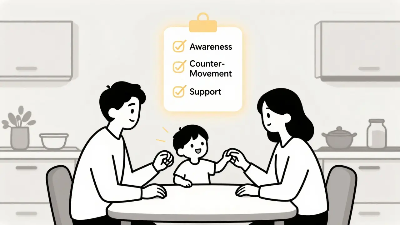 Rodina podporuje dítě při tréninku obrácení návyků s viditelnými kroky HRT nad jejich hlavami.