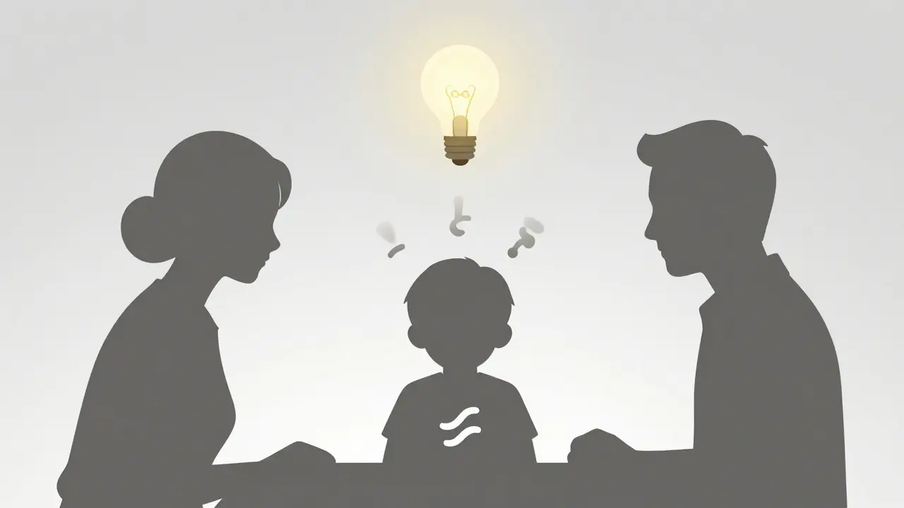 Rodina společně podporuje dítě, když tiky mizí a nahrazuje je klidný dech.