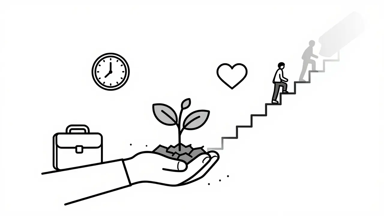 Rozkvět odolnosti: rostlina rostoucí z betonu, symbolizující trvalou reintegraci po závislosti.