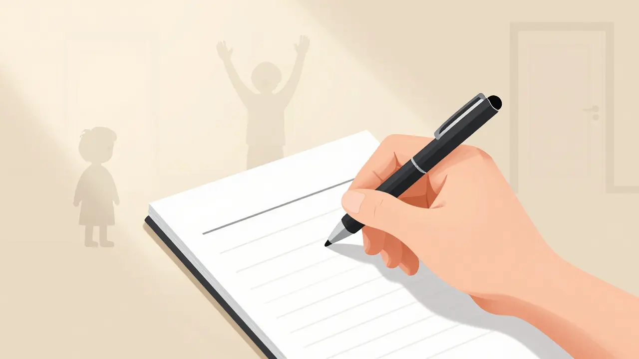 Ruka píše na prázdném papíře, zatímco v pozadí se objevují stíny vzpomínek, znázorňující jemné připomenutí minulosti.