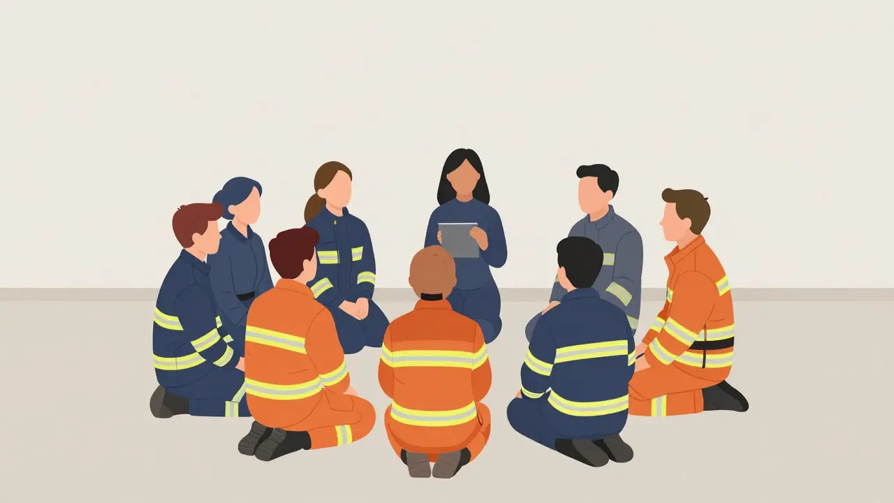 Skupina hasičů a sanitářů během skupinové intervence.