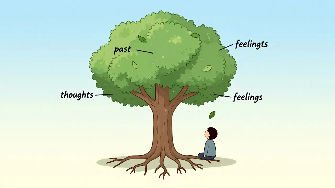 Strom s kořeny minulosti a listy pocity, osoba pod ním přemýšlí.