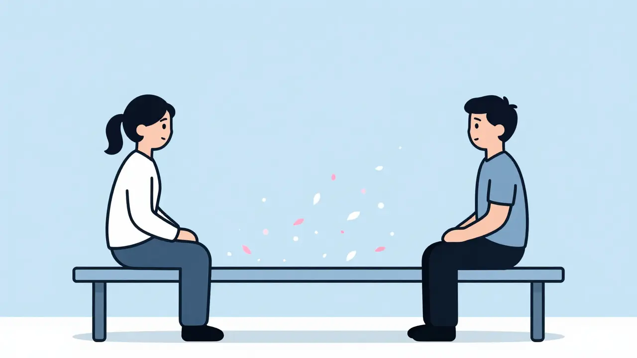 Terapeut a pacient sedí vedle sebe, mezi nimi postupně mizí bariéra, nahrazená květiny — znázornění vzniku důvěry v trauma-informované terapii.