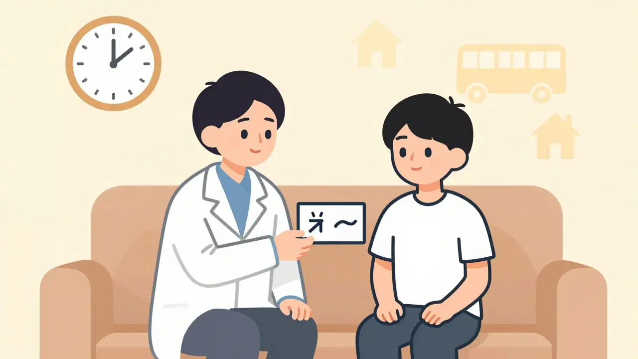 Terapeut a teenager společně sledují kartičku s protipohybem pro tiky.