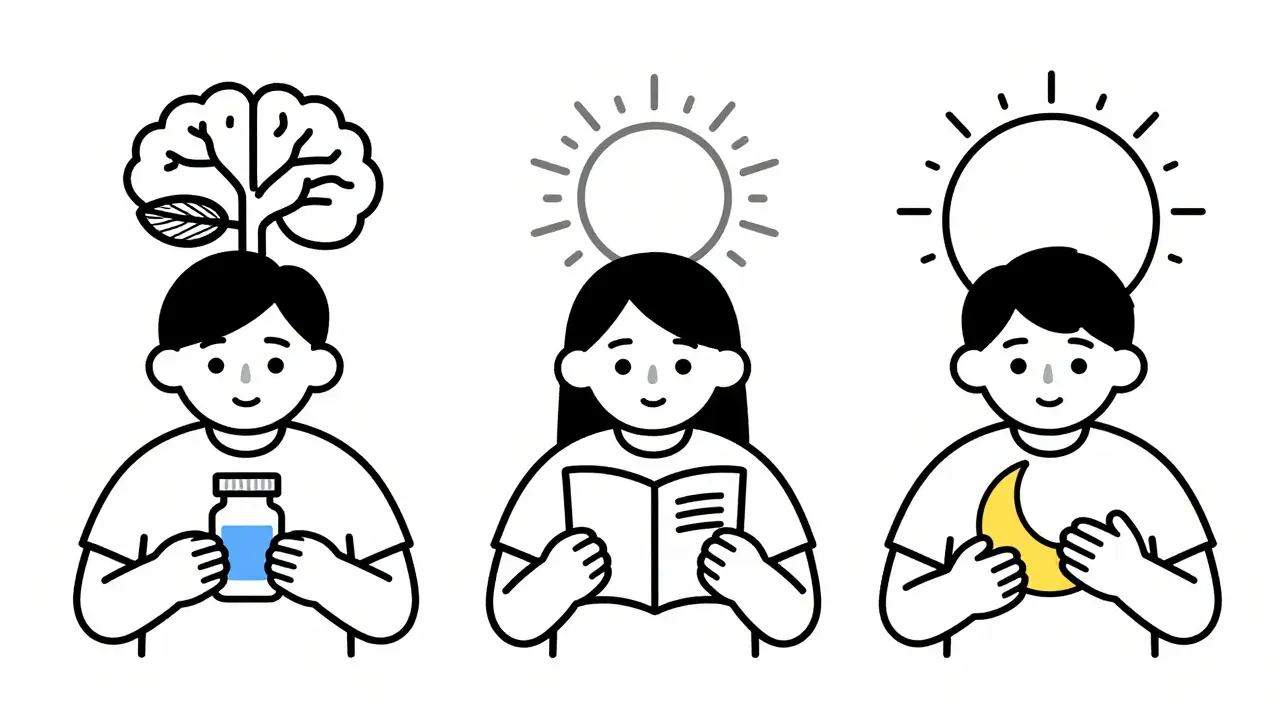 Tři postavy drží pilulku, sešit a měsíc, za nimi strom s kořeny tvaru mozku.