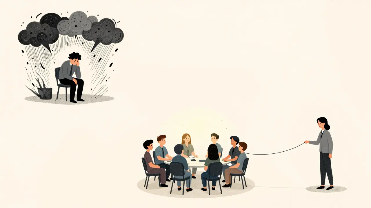 Tři scény: izolovaný terapeut, skupinová podpora a supervizor jako spojovací linka.