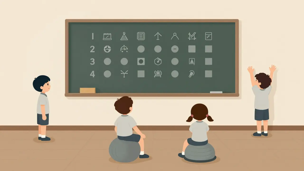 Žáci se učí v různých polohách ve třídě s vizuálním plánem na magnetické tabuli.