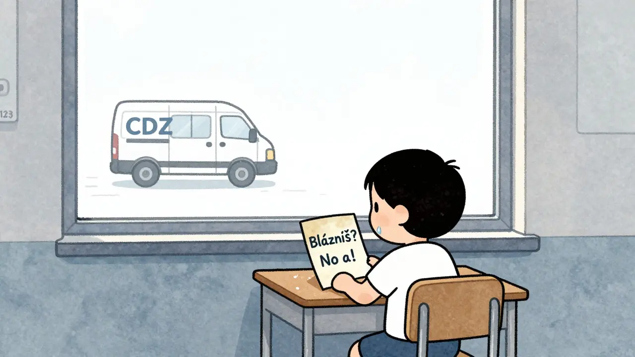 Child at school desk holding faded poster, with CDZ van driving away in background.