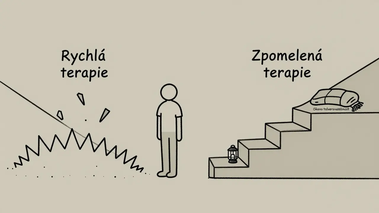 Člověk stojí mezi dvěma cestami: jedna je nebezpečná, druhá klidná s lampou označenou 'okno tolerovatelnosti'.