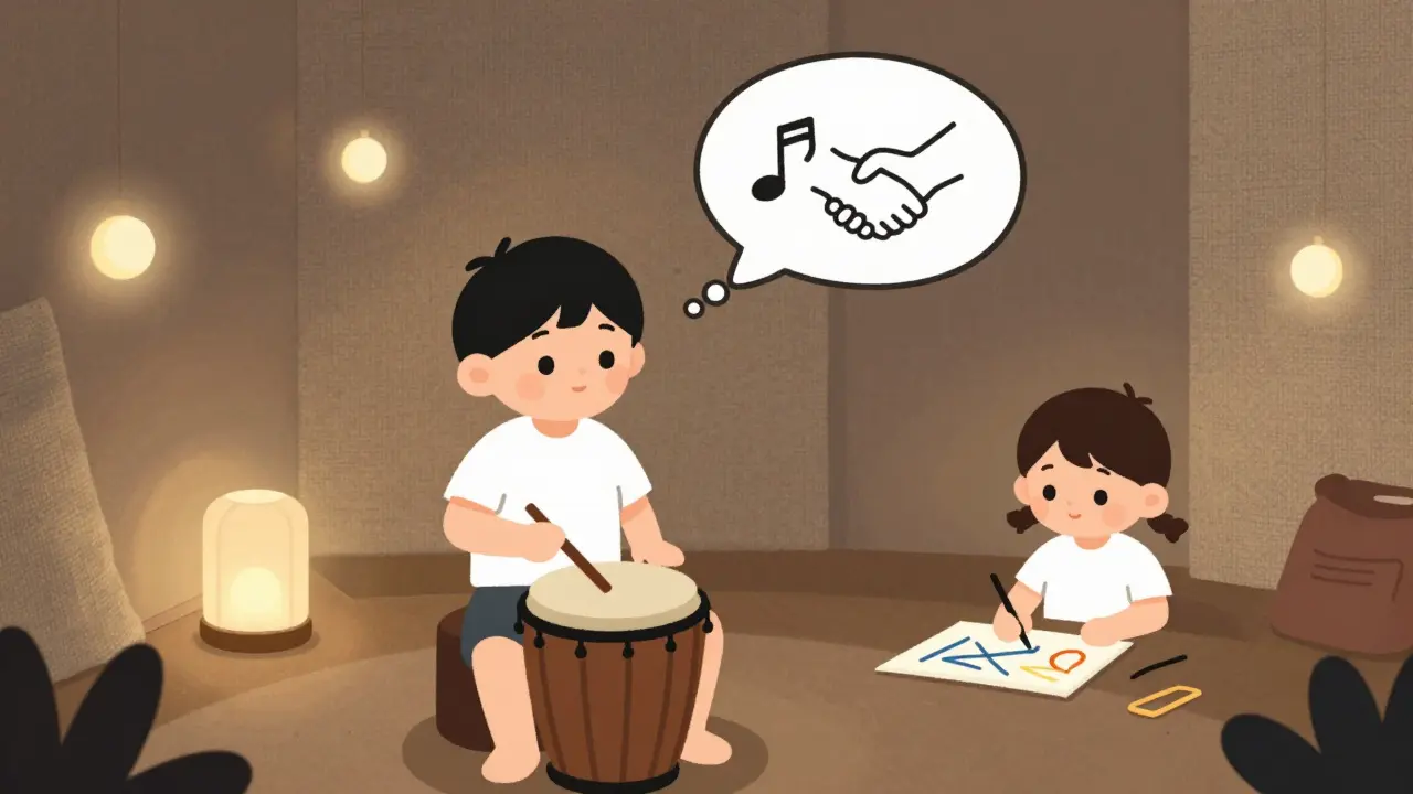 Dítě hraje na buben v klidné místnosti s měkkým osvětlením.