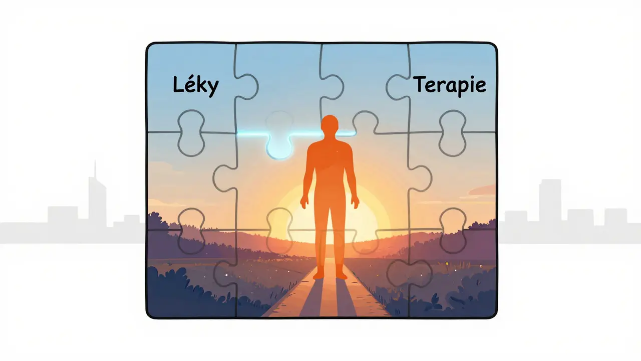 Dokončená skládanka ve tvaru člověka s dvěma dílky: léky a terapie.