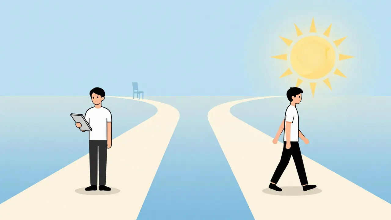 Dvě cesty: jedna s sešitem terapie, druhá s volně kráčející osobou pod sluncem.