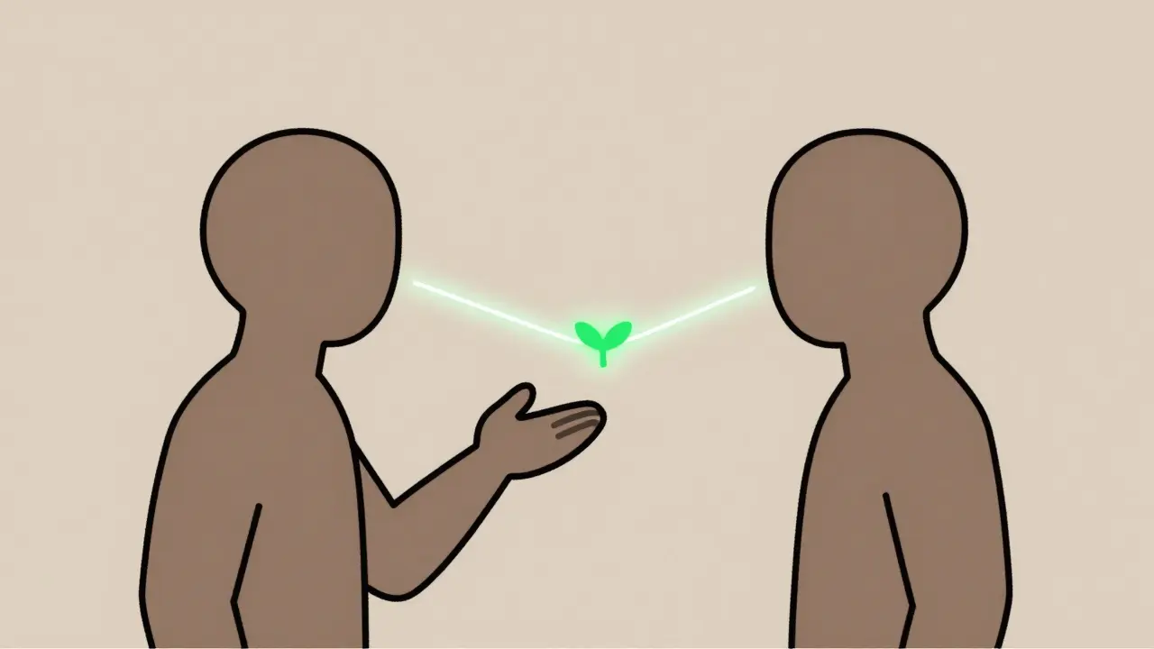 Ilustrace důvěry a komunikace mezi dvěma postavami v klidném prostředí.