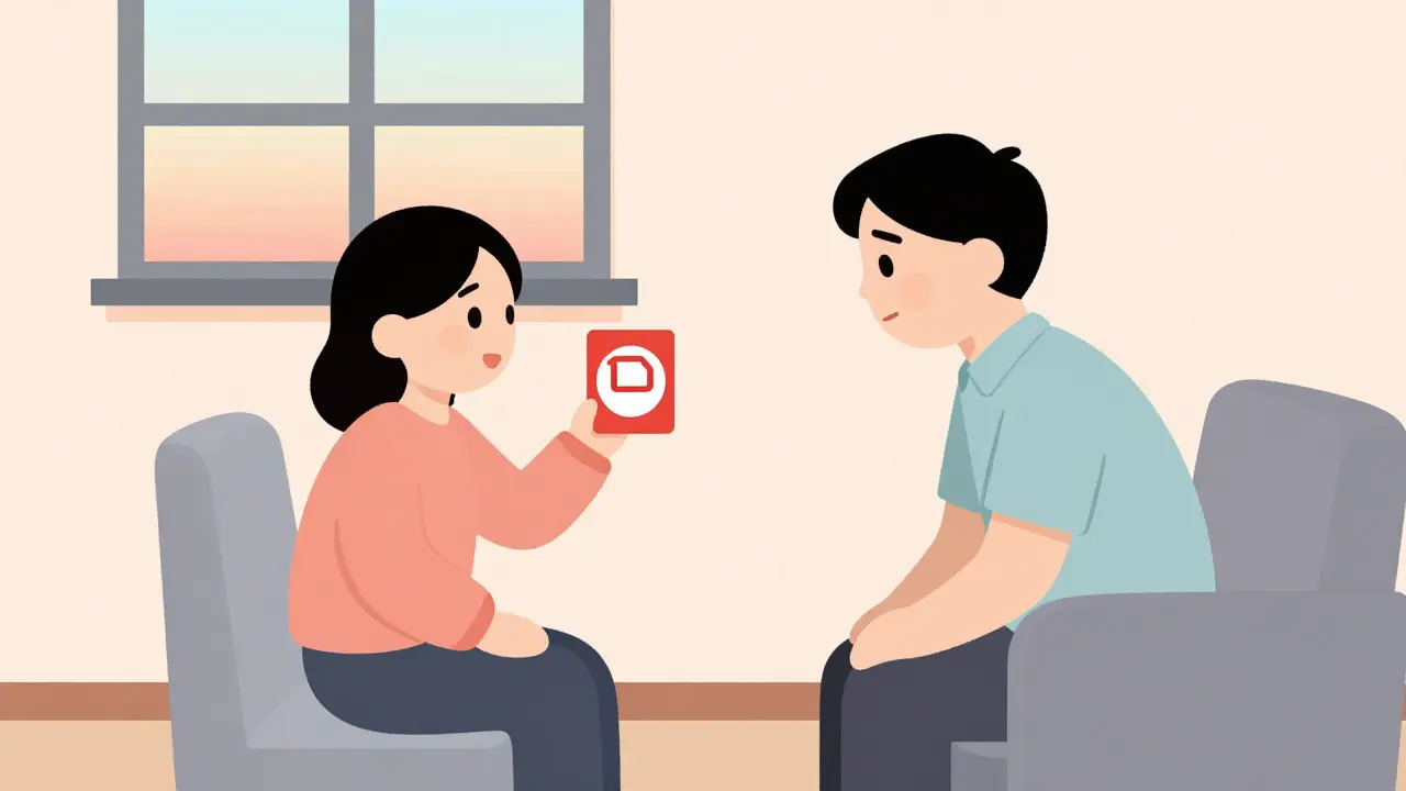 Klient ukazuje červenou kartu, terapeut reaguje klidně, v pozadí je klidné vycházející slunce.