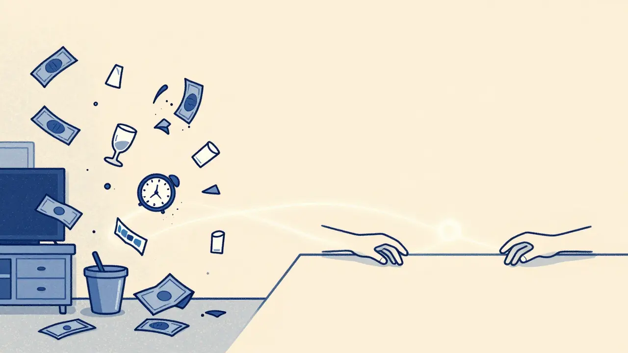 Kontrast chaosu domácnosti a klidu, kde rodina začíná komunikovat.