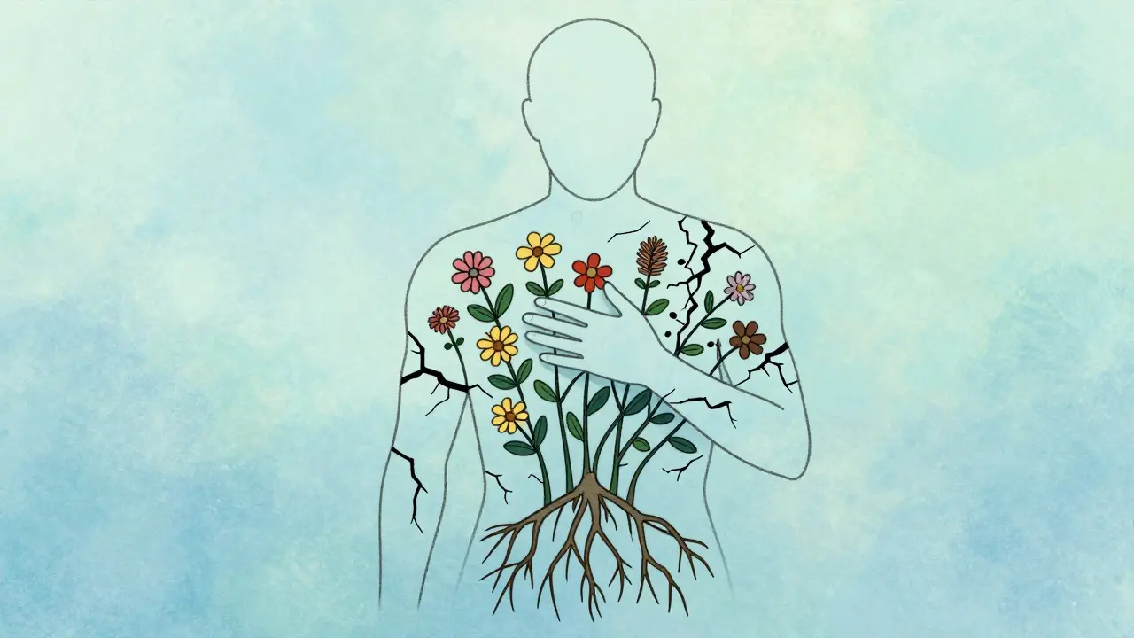 Kontur člověka s trhlinami zaplněnými květinami a kořeny, symbolizující uzdravení.