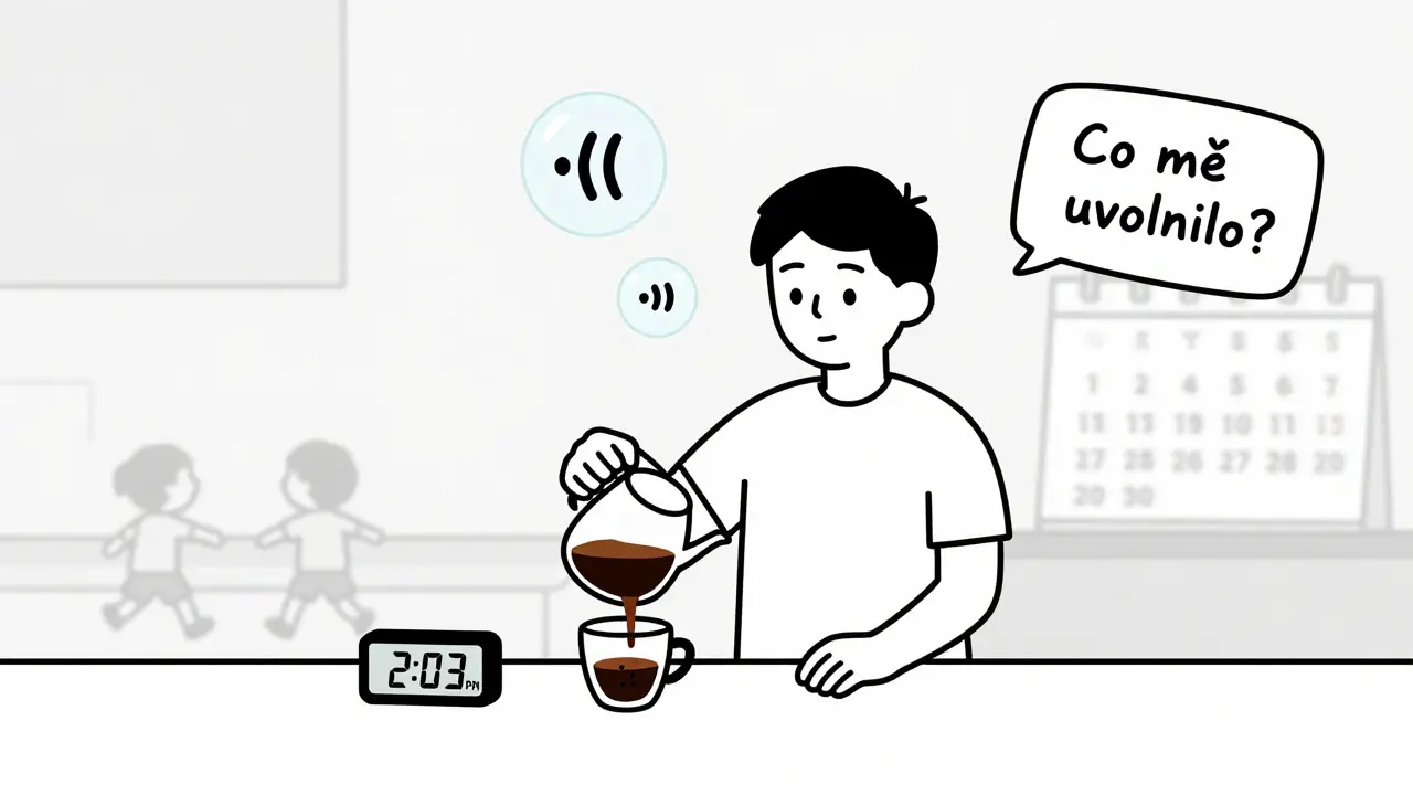 Muž si nalévá kávu, nad hlavou má ikony dechu a otázky o dnešních pocitech.