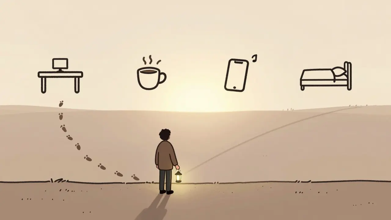 Osoba stojí na cestě s lampionem, za ní stopa malých denních chvílí, vpředu světlo sebevědomí.