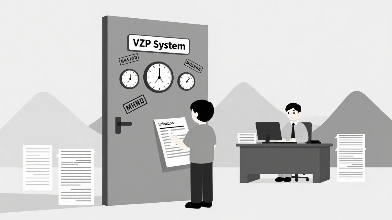 Person waiting at a bureaucratic door labeled VZP, surrounded by clocks and paperwork.