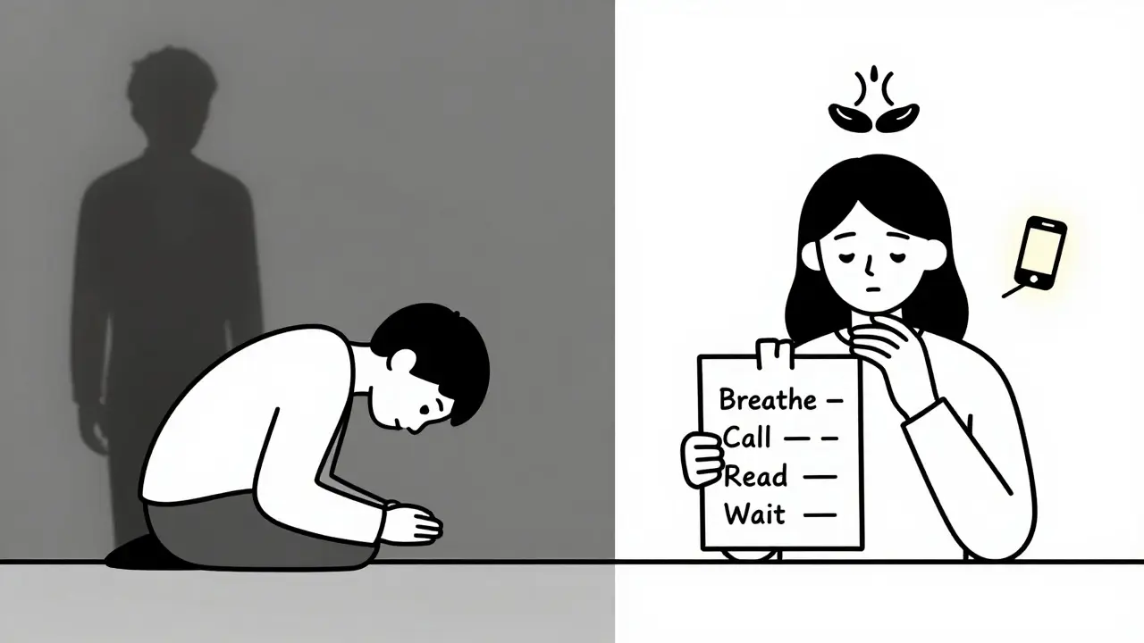 Před a po: osoba v krizi vs. osoba používající dovednosti DBT.