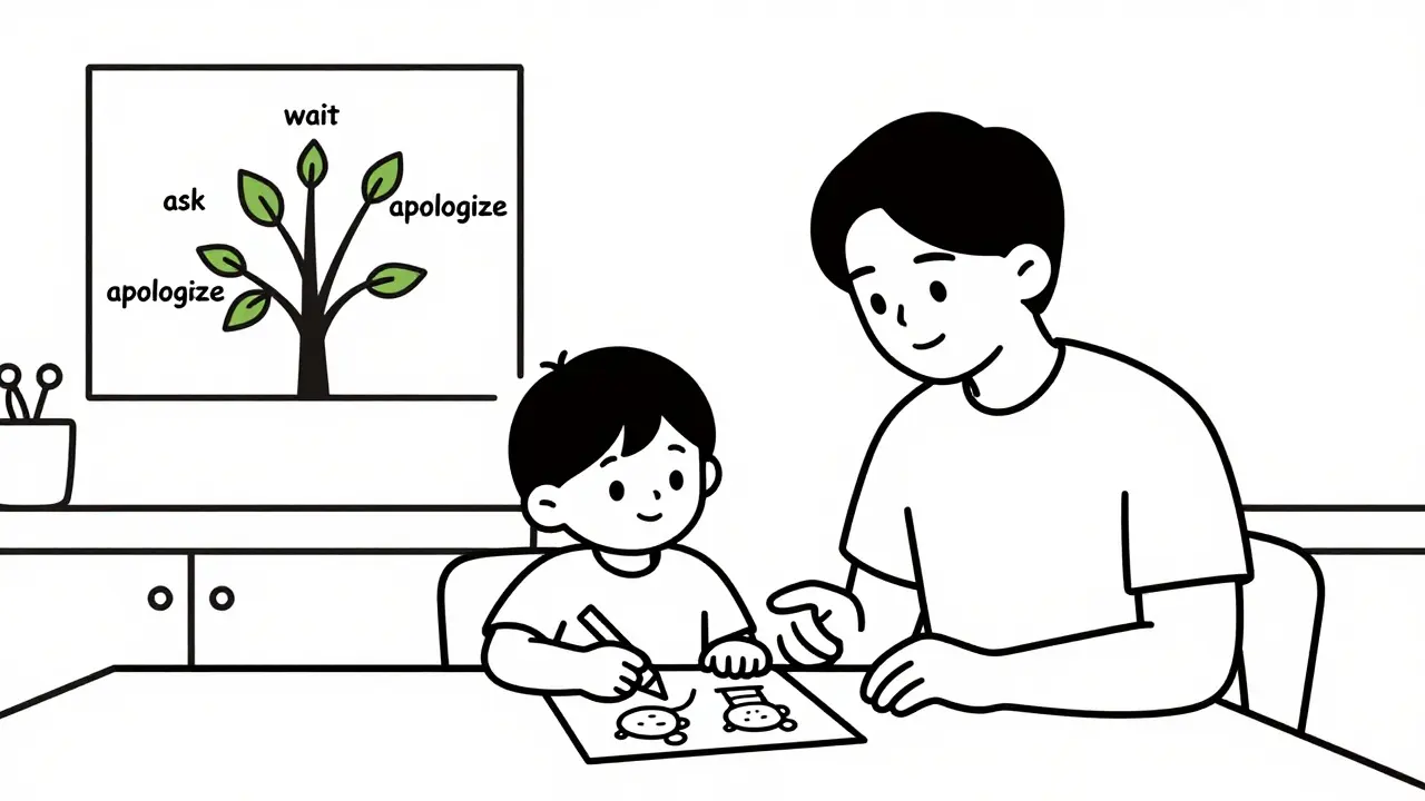 Rodič a dítě společně pozorují kresbu s náznaky sociálních dovedností.