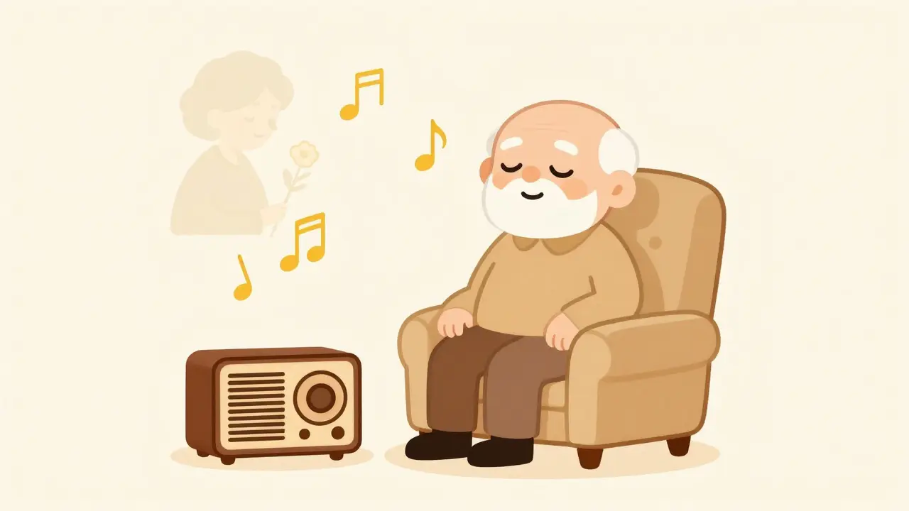 Starý muž se usmívá, když zvuky hudby připomínají jeho zemřelou manželku.