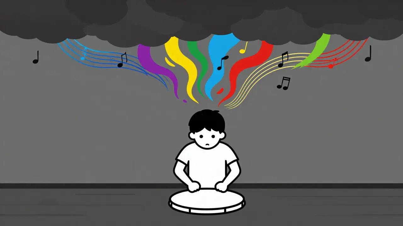 Teenager buší na buben, zatímco jeho stres se mění v barvité melodie.
