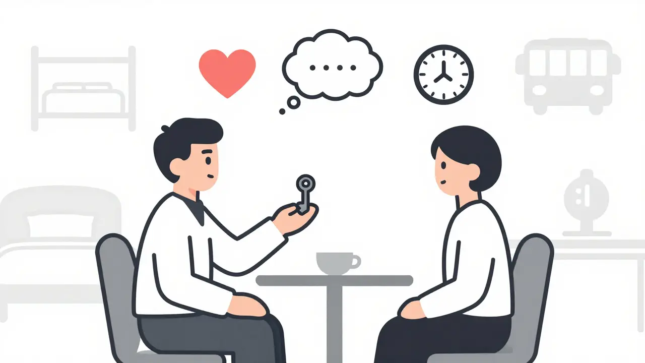 Terapeut a klient předávají symbolický klíč, který představuje nástroj pro změnu v každodenním životě.