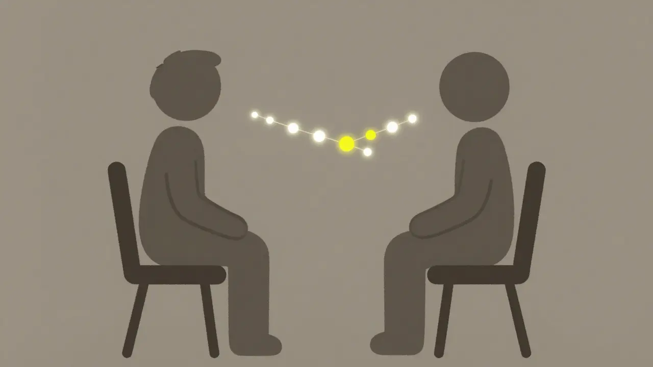 Terapeut a klient sedí vedle sebe, mezi nimi světlá cesta spojující důvěru.