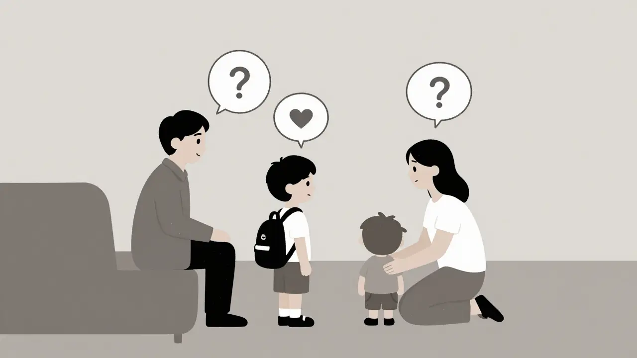 Terapeut vede rodinu ve hře rolí, symbolizující neřečené emoce.