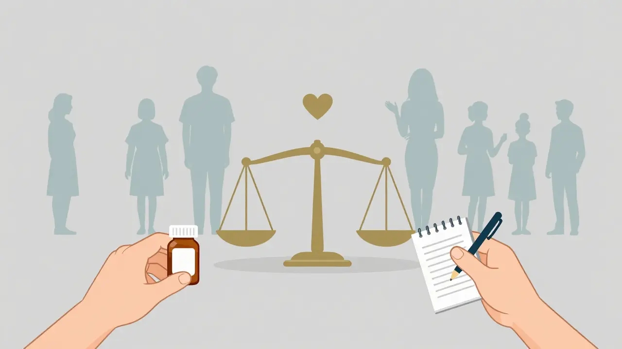 Váha s lékem a sešitem, která je v rovnováze, symbolizující kombinaci léčby.